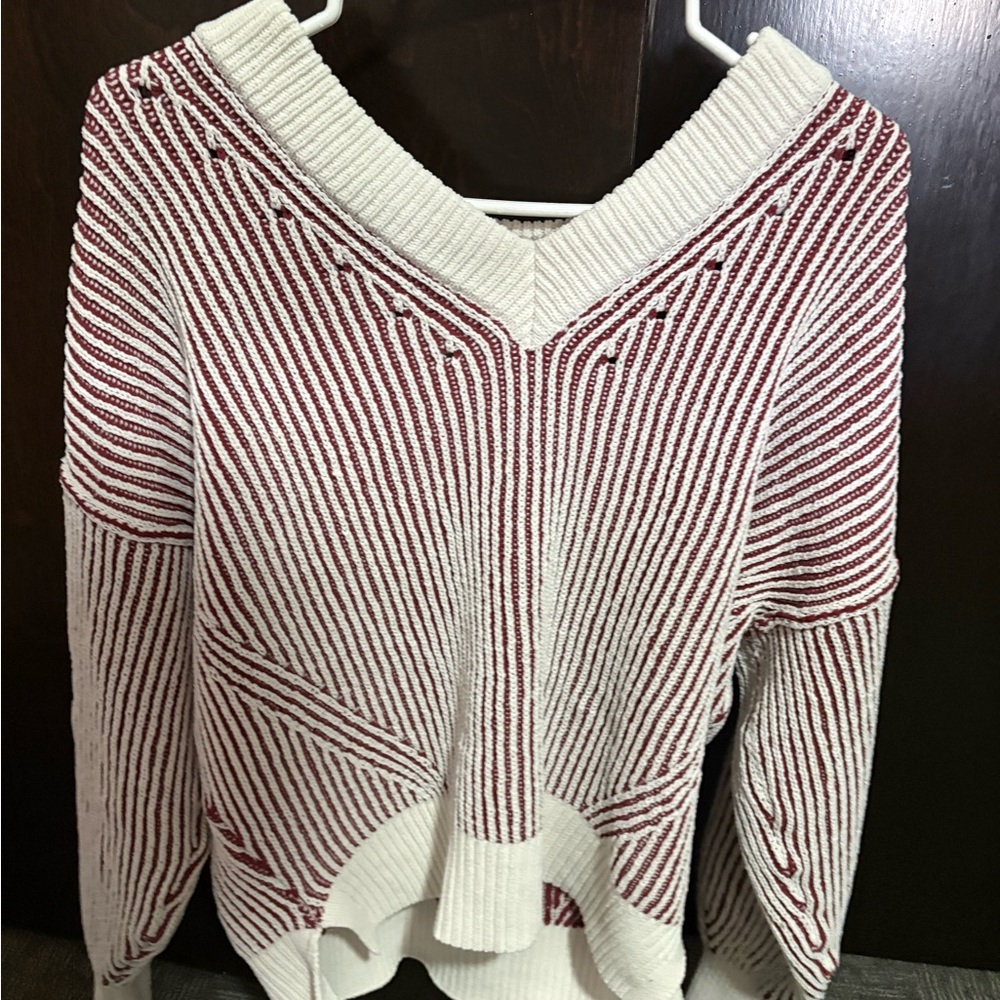 aerie Cream and Burgundy Striped V-Neck Sweater